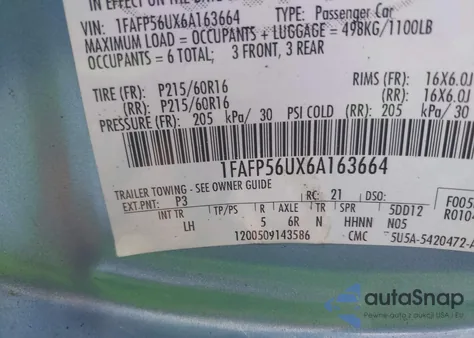 2006 Ford Taurus Sel from USA, damaged, VIN 1FAFP56UX6A163664